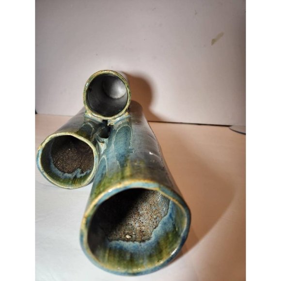 Tall Tri-Cylinder Heavily Glazed Green Blues Vases Adjoined Together Twi-ware Si - Picture 7 of 8